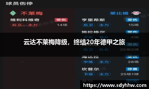 云达不莱梅降级，终结20年德甲之旅